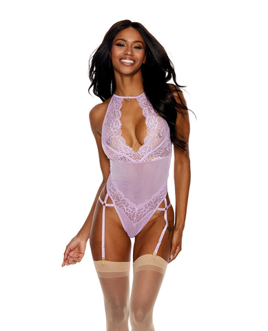 Lace & Mesh Gartered Teddy Lilac MD