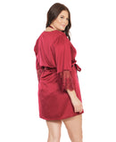 Stretch Satin Robe w/Eyelash Lace Sleeve Robe Merlot OS/XL