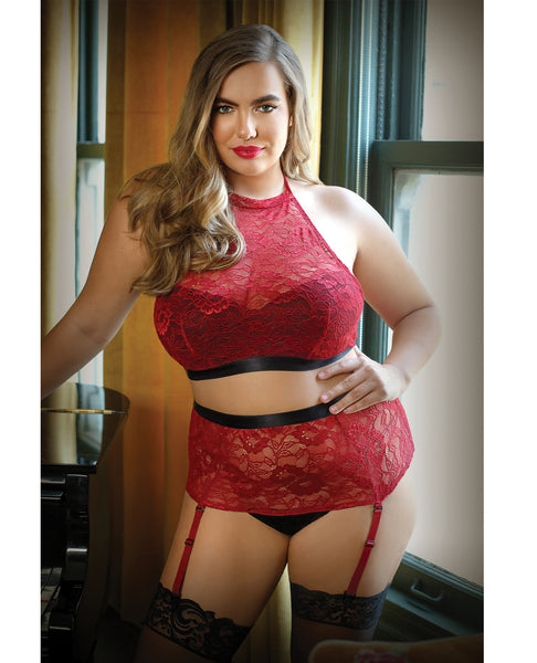 Curve Aria Lace Halter Top & High Waist Panty Red 3X/4X
