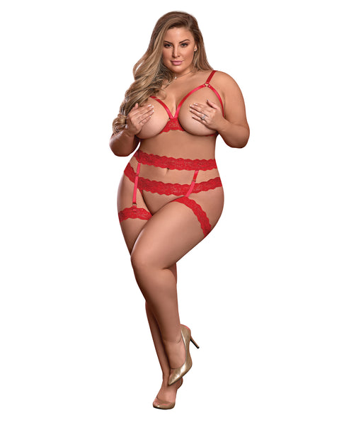 Risqué Business Cupless Bra, Garter & Crotchless Panty Red QN