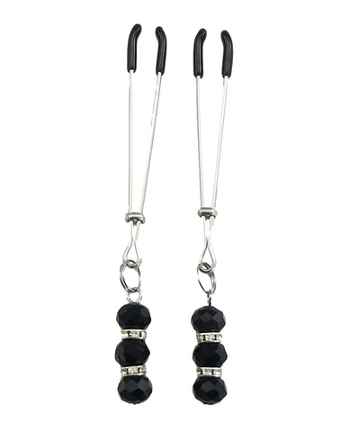 Bijoux de Nip Tweezer Nipple Clamp w/Black & Crystal Beads - Chrome