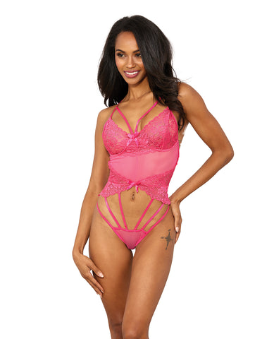 Stretch Lace w/Underwire Cups & Strap Thong Detail Teddy Hot Pink XL